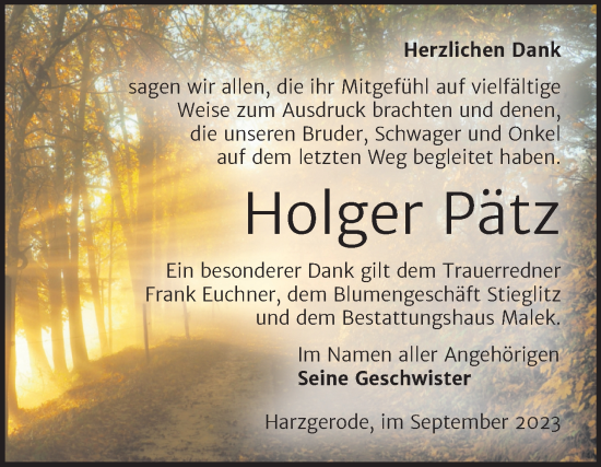 Traueranzeige von Holger Pätz von Trauerkombi Quedlinburg