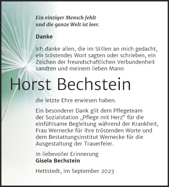 Traueranzeige von Horst Bechstein von Trauerkombi Mansfelder Land