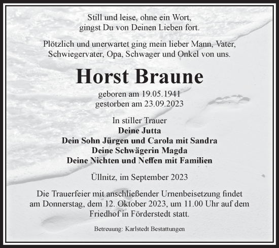 Traueranzeige von Horst Braune von Volksstimme Schönebeck