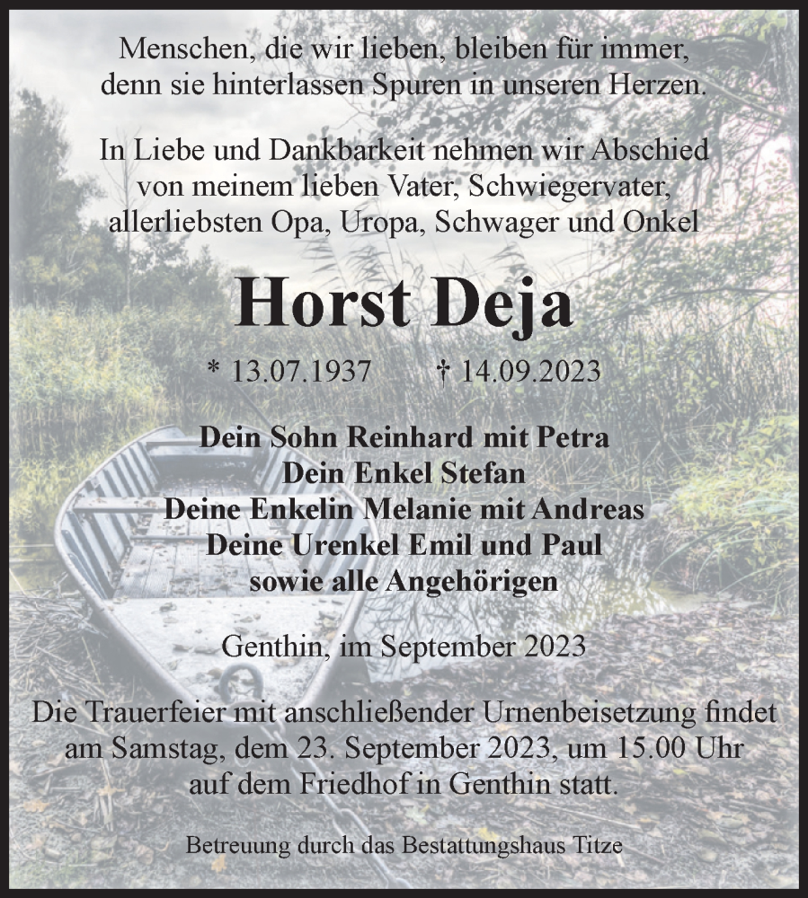  Traueranzeige für Horst Deja vom 16.09.2023 aus Volksstimme Burg/Genthin