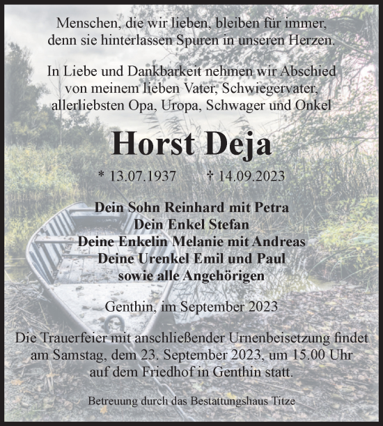 Traueranzeige von Horst Deja von Volksstimme Burg/Genthin