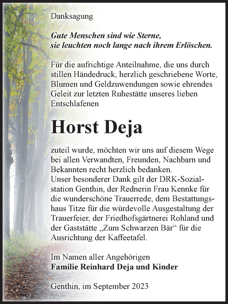  Traueranzeige für Horst Deja vom 30.09.2023 aus Volksstimme Burg/Genthin