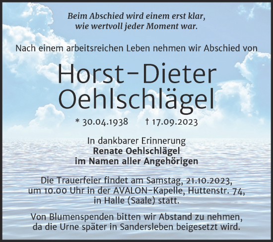 Traueranzeige von Horst-Dieter Oehlschlägel von Mitteldeutsche Zeitung Halle/Saalkreis