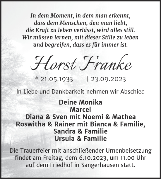 Traueranzeige von Horst Franke von Trauerkombi Sangerhausen