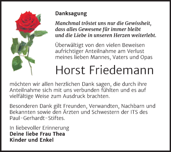Traueranzeige von Horst Friedemann von Trauerkombi Wittenberg