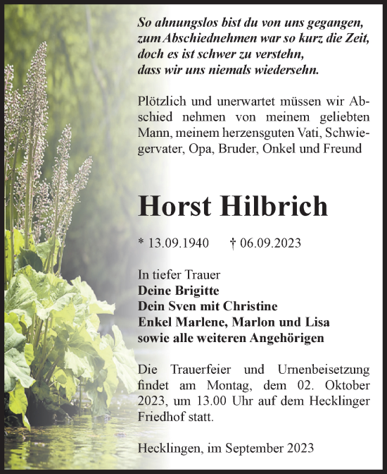 Traueranzeige von Horst Hilbrich von Volksstimme Staßfurt