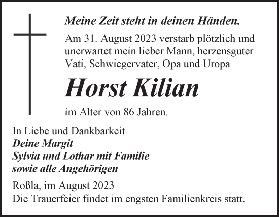 Traueranzeige von Horst Kilian von Trauerkombi Sangerhausen