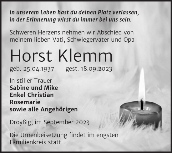 Traueranzeige von Horst Klemm von Trauerkombi Zeitz