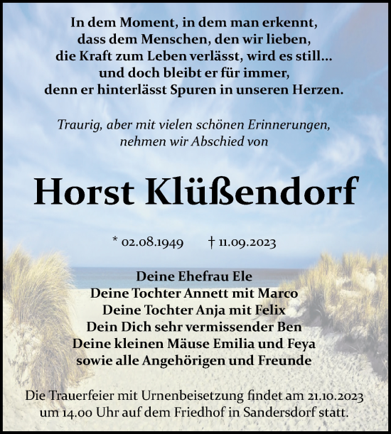 Traueranzeige von Horst Klüßendorf von Trauerkombi Bitterfeld