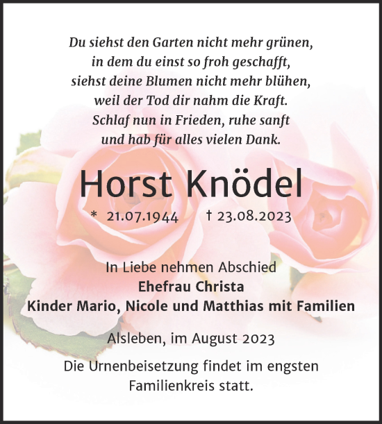 Traueranzeige von Horst Knödel von Trauerkombi Bernburg