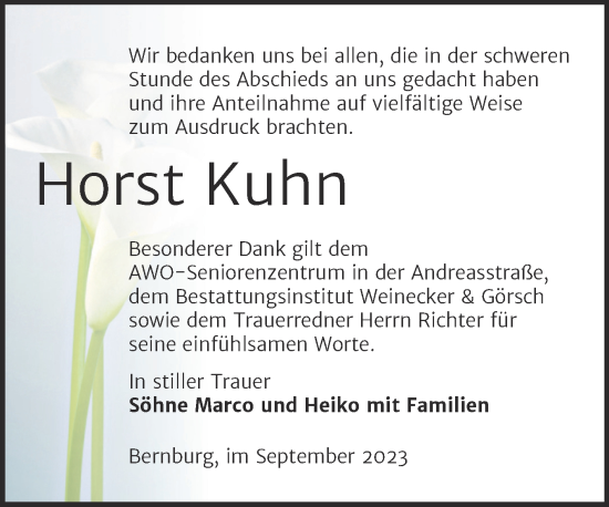 Traueranzeige von Horst Kuhn von Trauerkombi Bernburg