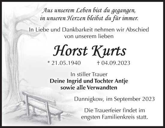 Traueranzeige von Horst Kurts von Volksstimme Burg/Genthin