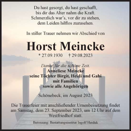 Traueranzeige von Horst Meincke von Volksstimme Schönebeck