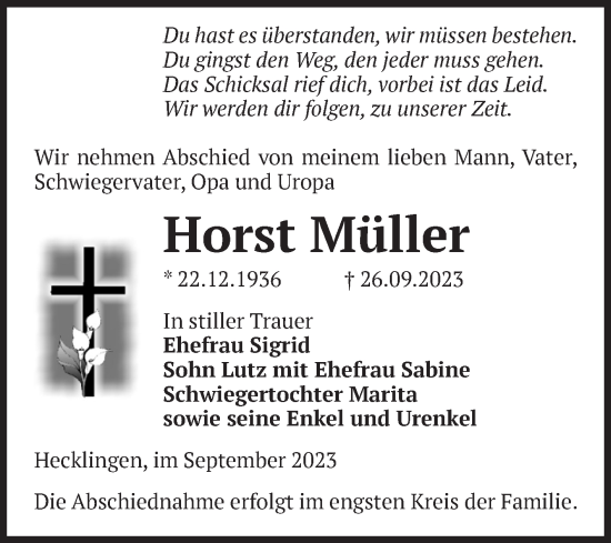 Traueranzeige von Horst Müller von Volksstimme Staßfurt