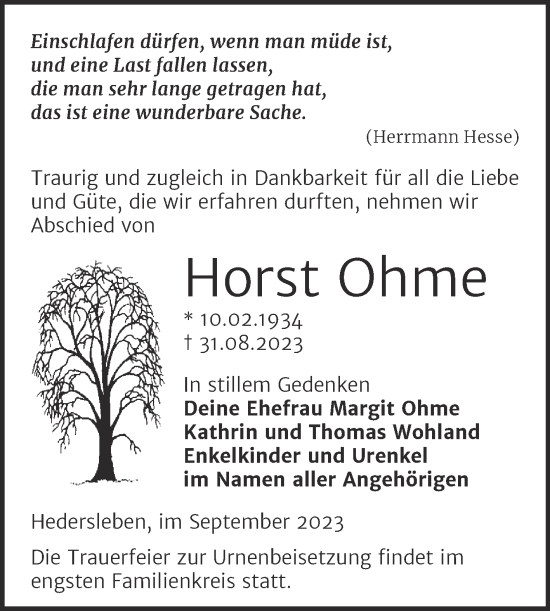 Traueranzeige von Horst Ohme von Trauerkombi Mansfelder Land