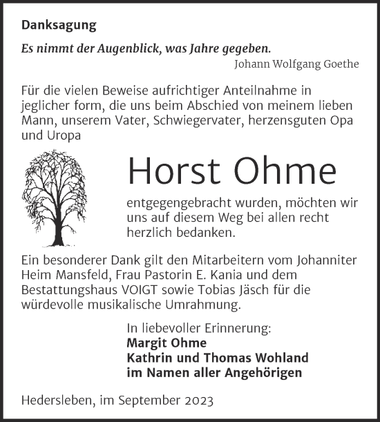 Traueranzeige von Horst Ohme von Trauerkombi Mansfelder Land