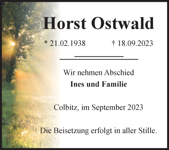 Traueranzeige von Horst Ostwald von Volksstimme Haldensleben/Wolmirstedt