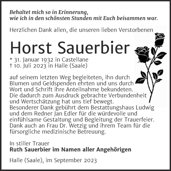 Traueranzeige von Horst Sauerbier von Mitteldeutsche Zeitung Halle/Saalkreis