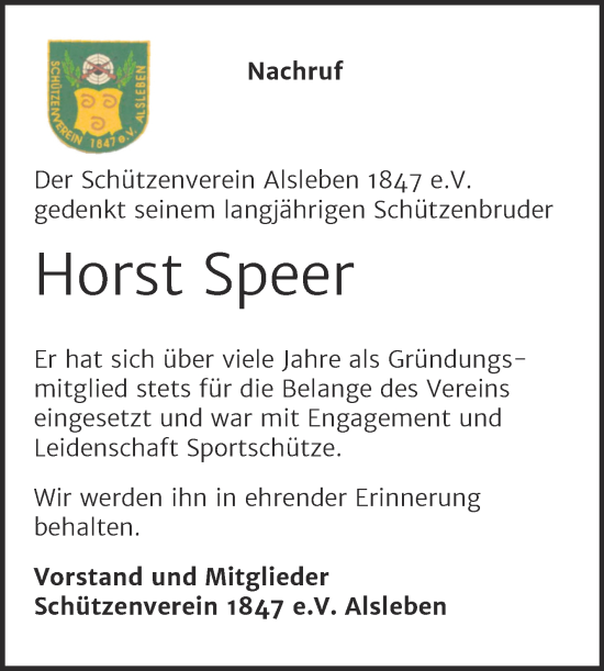Traueranzeige von Horst Speer von Trauerkombi Bernburg