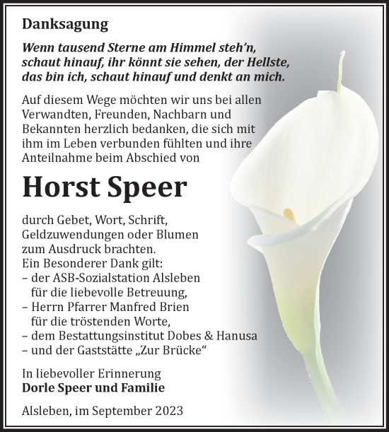 Traueranzeige von Horst Speer von Trauerkombi Bernburg