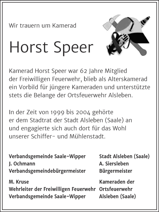 Traueranzeige von Horst Speer von Super Sonntag Bernburg