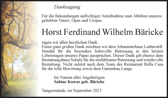 Traueranzeige von Horst Ferdinand Wilhelm Bäricke von Volksstimme Altmark Ost