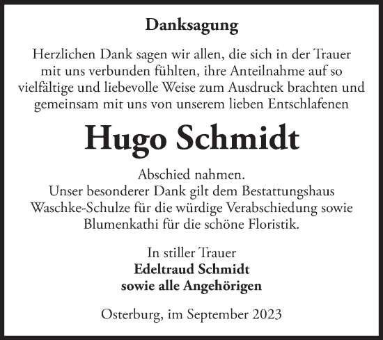 Traueranzeige von Hugo Schmidt von Volksstimme Altmark Ost