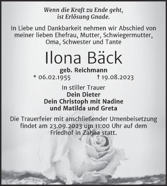 Traueranzeige von Ilona Bäck von Trauerkombi Wittenberg