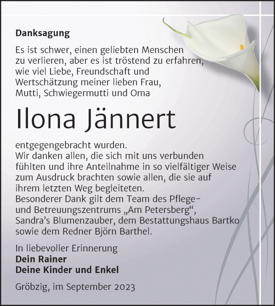 Traueranzeige von Ilona Jännert von Trauerkombi Köthen