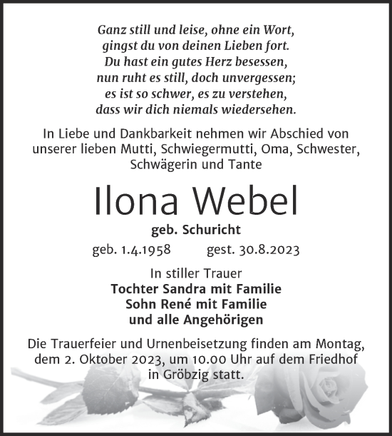 Traueranzeige von Ilona Webel von Trauerkombi Köthen
