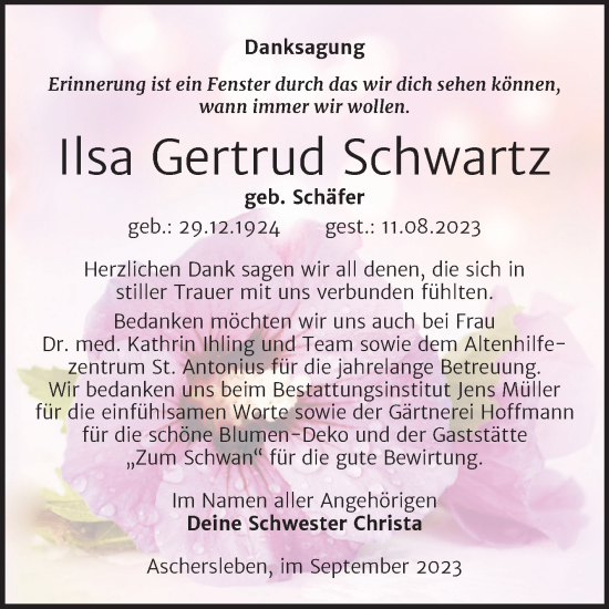 Traueranzeige von Ilsa Gertrud Schwartz von Trauerkombi Aschersleben