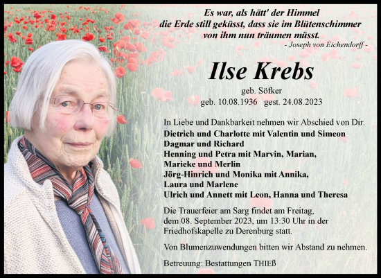 Traueranzeige von Ilse Krebs von Volksstimme Wernigerode