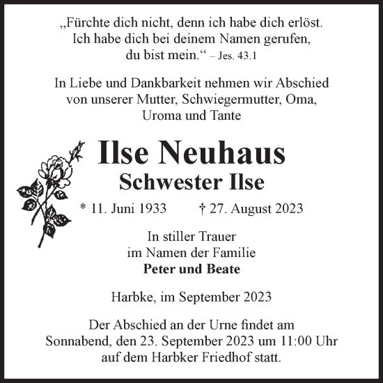 Traueranzeige von Ilse Neuhaus von Volksstimme Oschersleben/Wanzleben