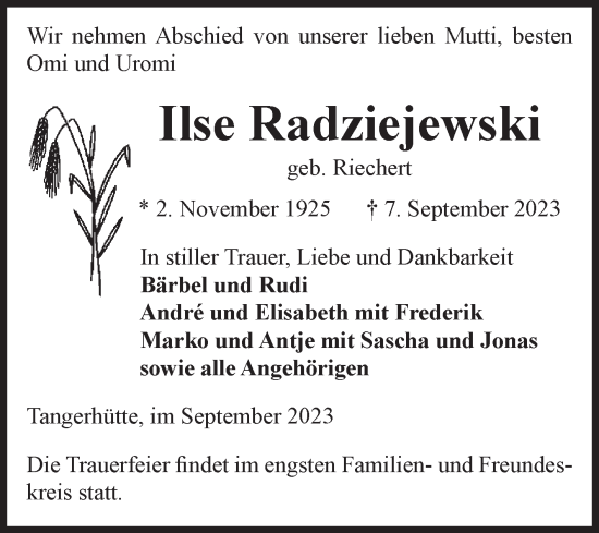 Traueranzeige von Ilse Radziejewski von Volksstimme Altmark Ost