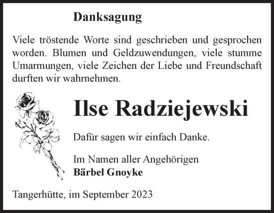 Traueranzeige von Ilse Radziejewski von Volksstimme Altmark Ost