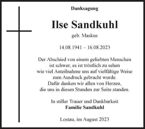 Traueranzeige von Ilse Sandkuhl von Volksstimme Burg/Genthin