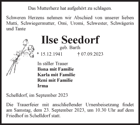 Traueranzeige von Ilse Seedorf von Volksstimme Altmark Ost
