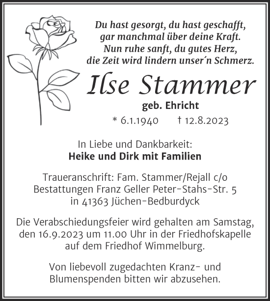 Traueranzeige von Ilse Stammer von Wochenspiegel Mansfelder Land