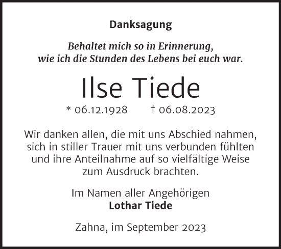 Traueranzeige von Ilse Tiede von Trauerkombi Wittenberg
