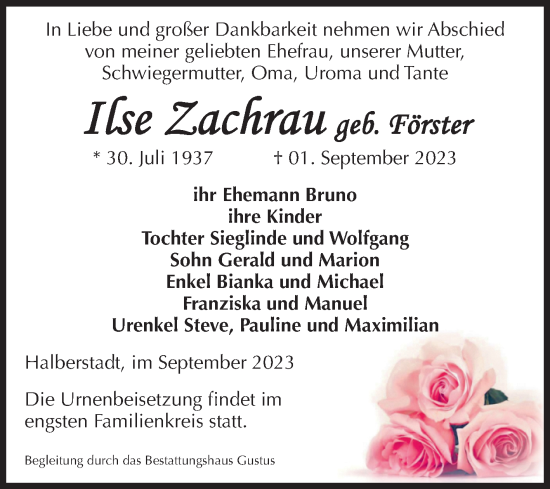 Traueranzeige von Ilse Zachrau von Volksstimme Halberstadt
