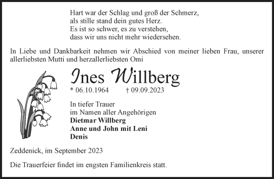 Traueranzeige von Ines Willberg von Volksstimme Burg/Genthin