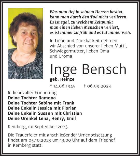 Traueranzeige von Inge Bensch von Trauerkombi Wittenberg