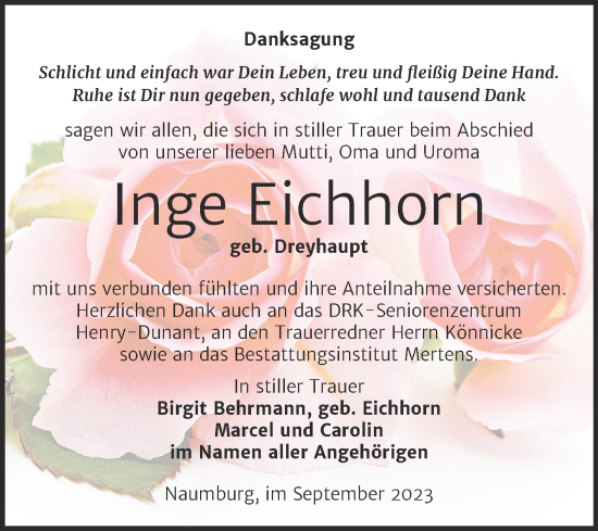 Traueranzeige von Inge Eichhorn von Wochenspiegel Naumburg/Nebra