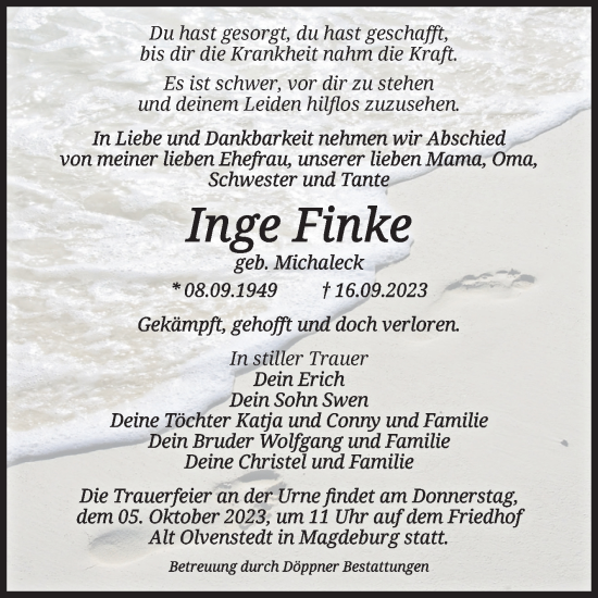 Traueranzeige von Inge Finke von Volksstimme Magdeburg