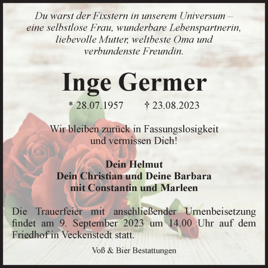 Traueranzeige von Inge Germer von Volksstimme Wernigerode