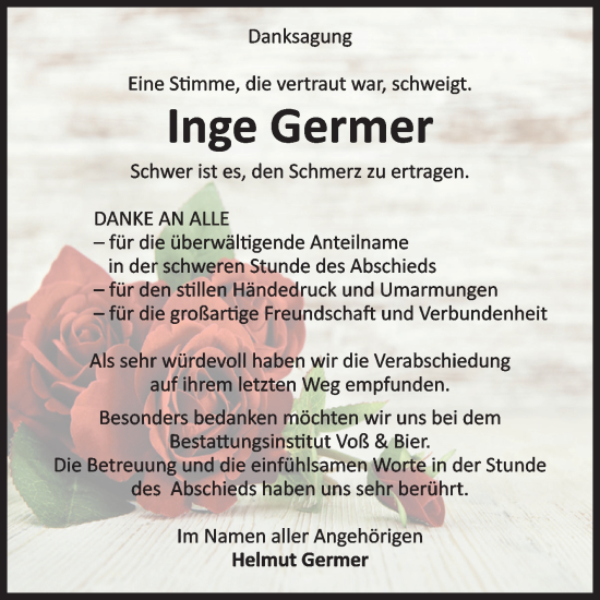 Traueranzeige von Inge Germer von Volksstimme Wernigerode