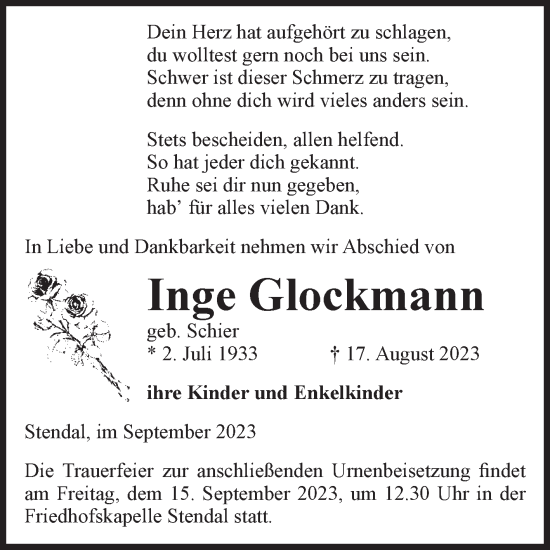 Traueranzeige von Inge Glockmann von Volksstimme Altmark Ost