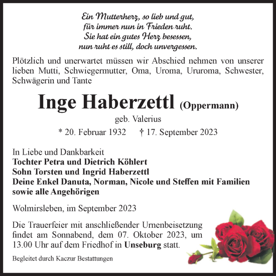 Traueranzeige von Inge Haberzettl von Volksstimme Staßfurt