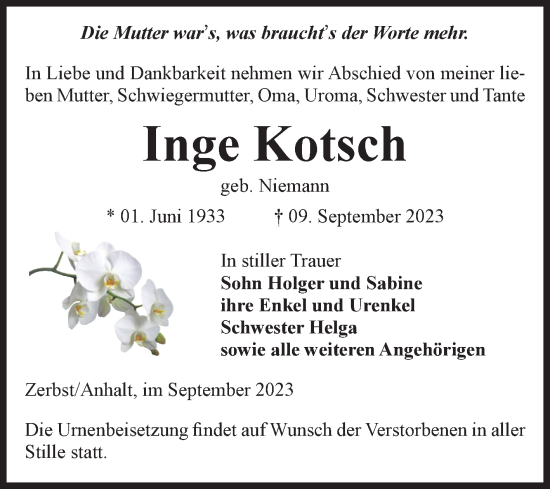 Traueranzeige von Inge Kotsch von Volksstimme Zerbst