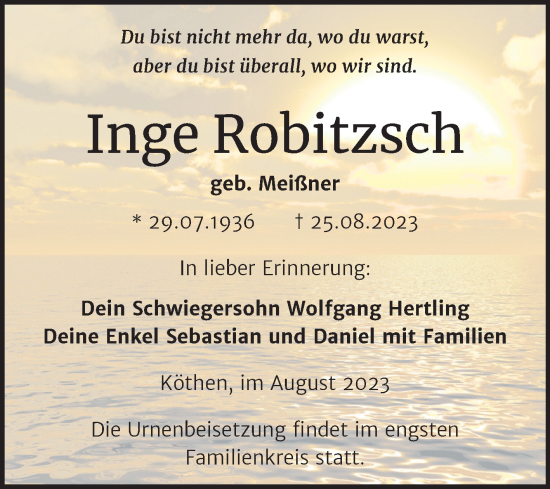 Traueranzeige von Inge Robitzsch von Trauerkombi Köthen
